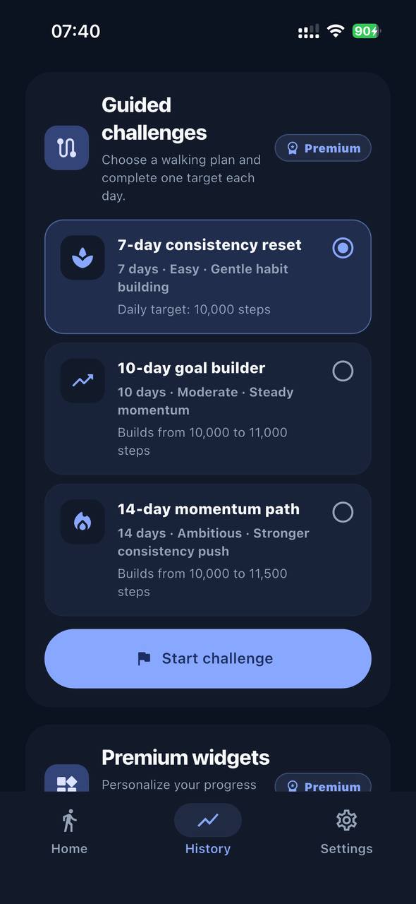 StepsCoach challenges and streak screen
